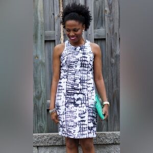 Cynthia Rowley Monochrome Patterned Hi-Neck Racerback Linen Summer Mini Dress